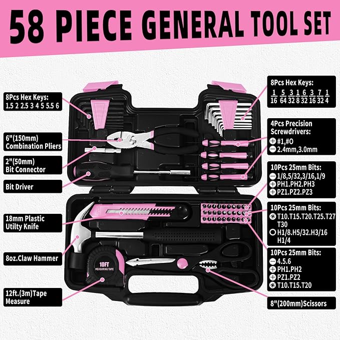 58-Piece household tool Set for home, General Household Hand Kit for home with Storage Toolbox, All Purpose Small Basic Tool kit for Women, Girls and Ladies,Pink