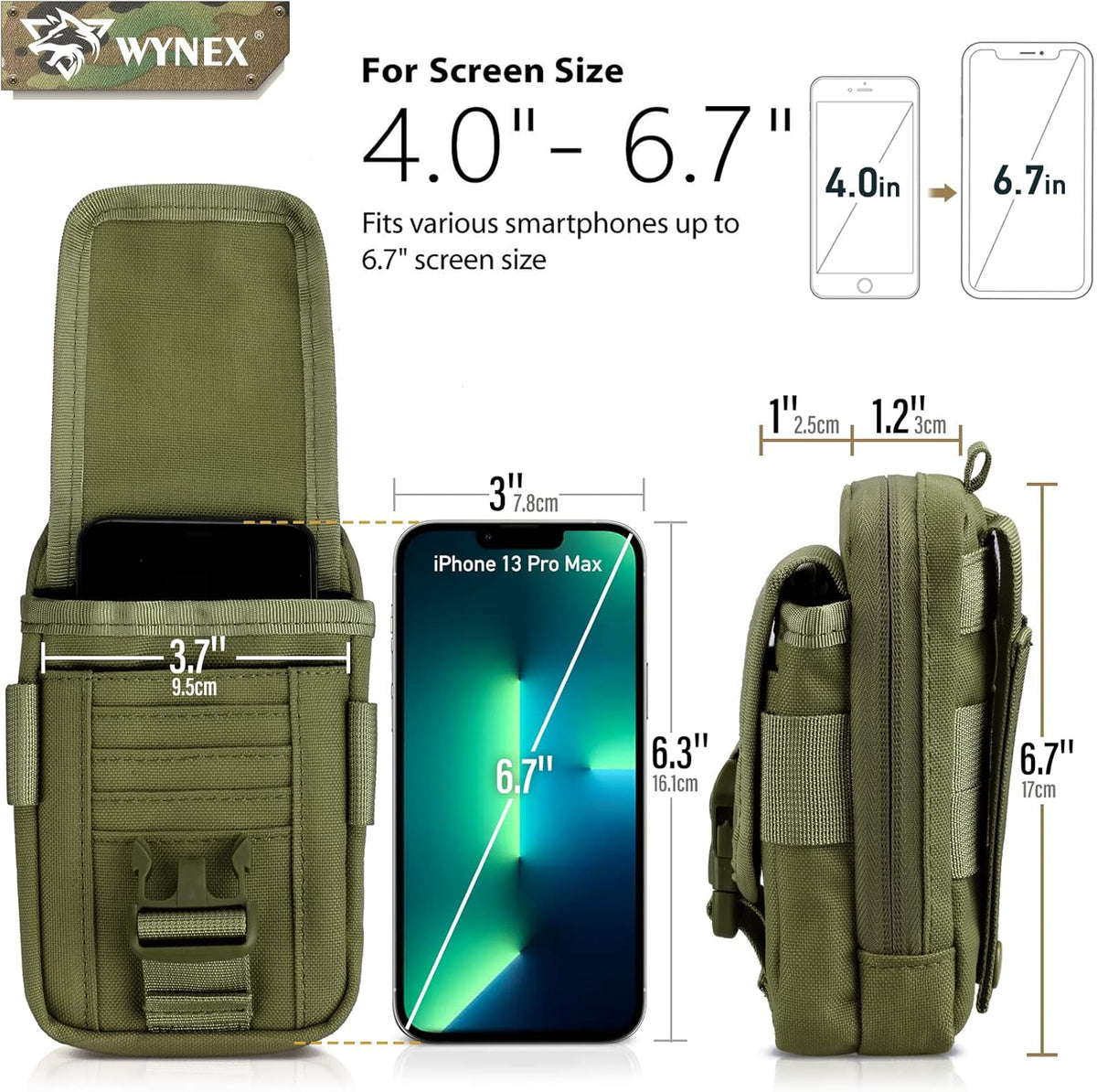WYNEX Tactical Compass Phone Pouch - Large Molle Smartphone Holster with Double Capacity & Carabiner