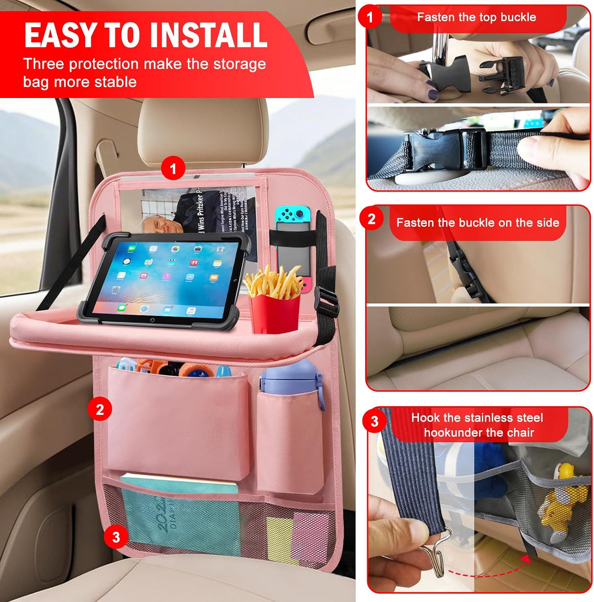 2Pack Car Backseat Organizer with Foldable Table Tray,6 Storage Pockets Car Storage Organizer with Tablet Holder,Car Seat Back Protectors Kick Mats Travel Accessories (Pink)