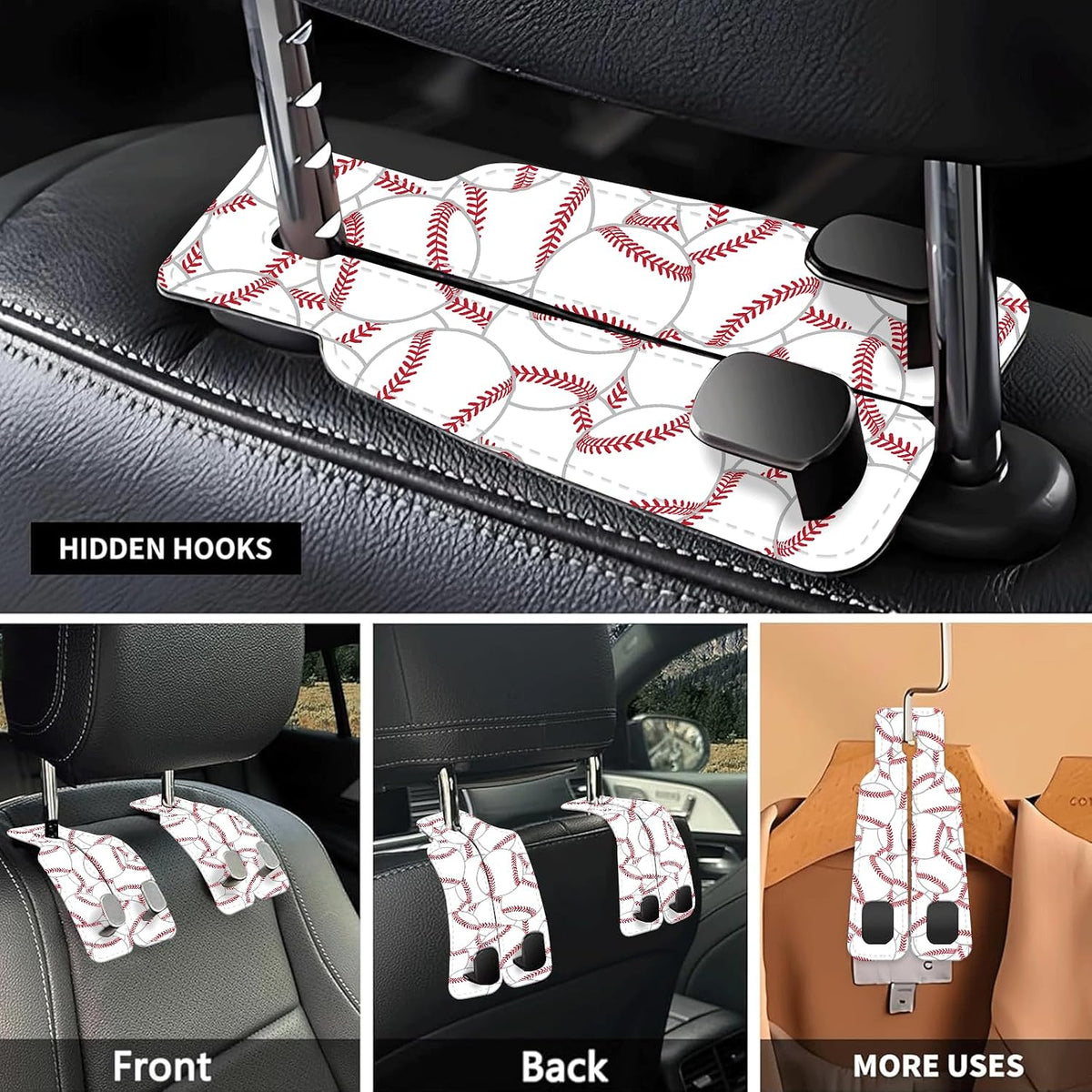 Car Seat Headrest Hook, Universal Leather Cute Hanger Holder Hook, Storage Organizer Interior Accessories for Purse Bags Handbag Cute Baseball