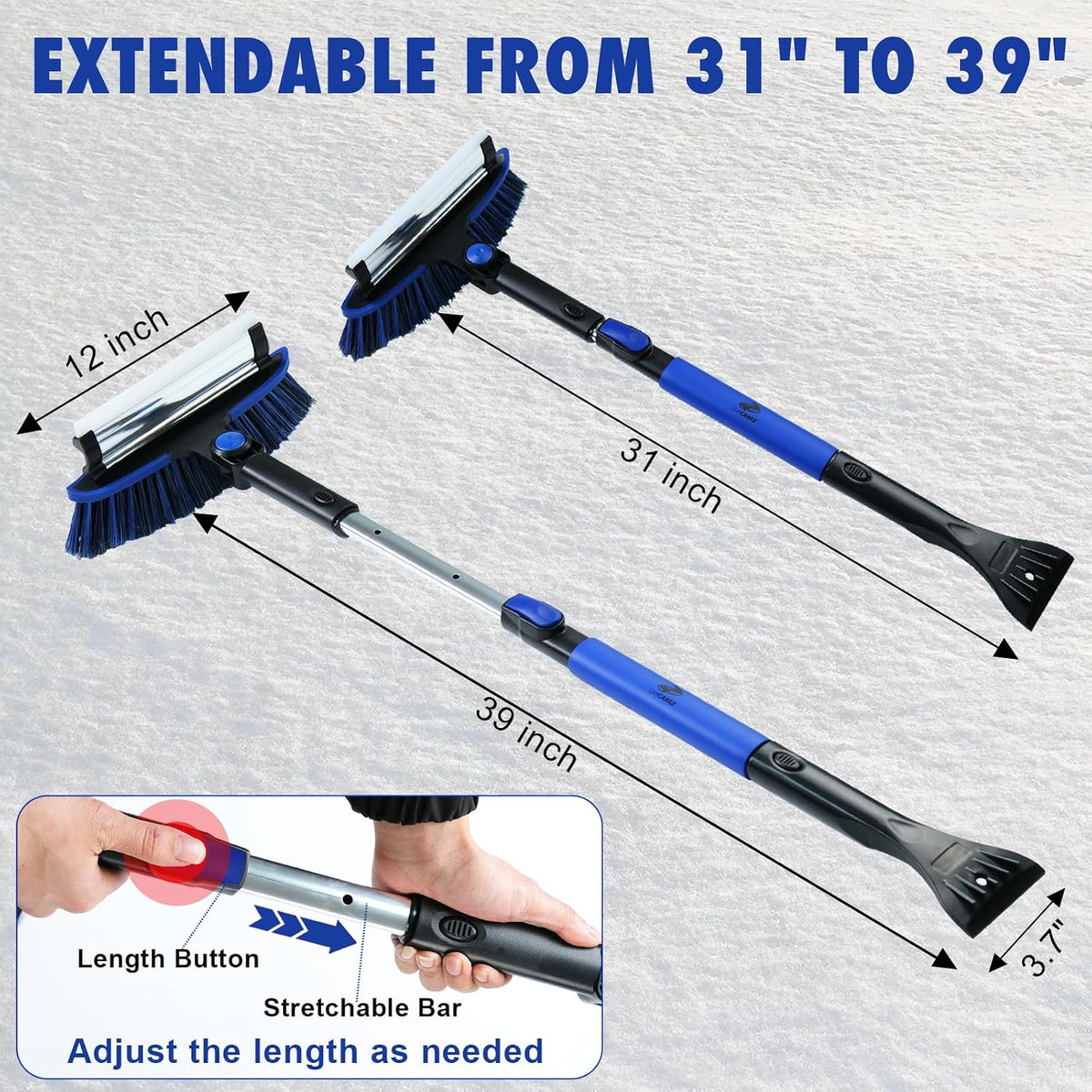 CARCAREZ 39" Extendable Car Snow Brush and Ice Scraper, Windshield Window Ice Snow Removal Snow Broom with Foam Grip 180° Pivoting Brush Head Snow Scraper for Car Auto Truck SUV