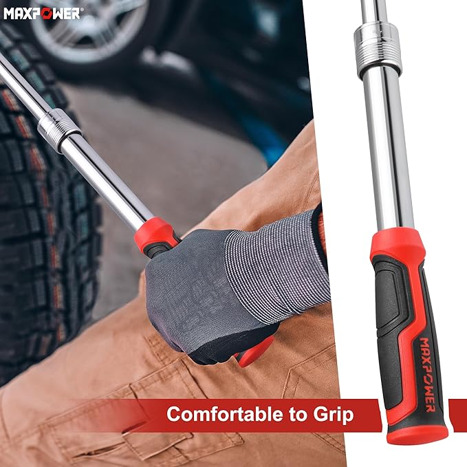 MAXPOWER Extendable Breaker Bar, Dual Head 1/2" & 3/8" Drive 360° Flex Head Cheater Bar, 5-Gear Extending Locking, Extendable Handle 13-3/8" to 18"