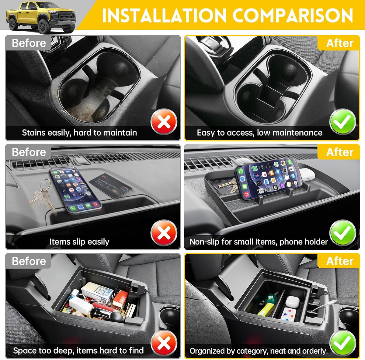 3PCS Center Console Organizer for 2023-2025 Chevy Chevrolet Colorado/GMC Canyon Armrest Tray Dashboard Storage Box and Cupholder Insert for 2023 2024 2025 Colorado/Canyon Accessories