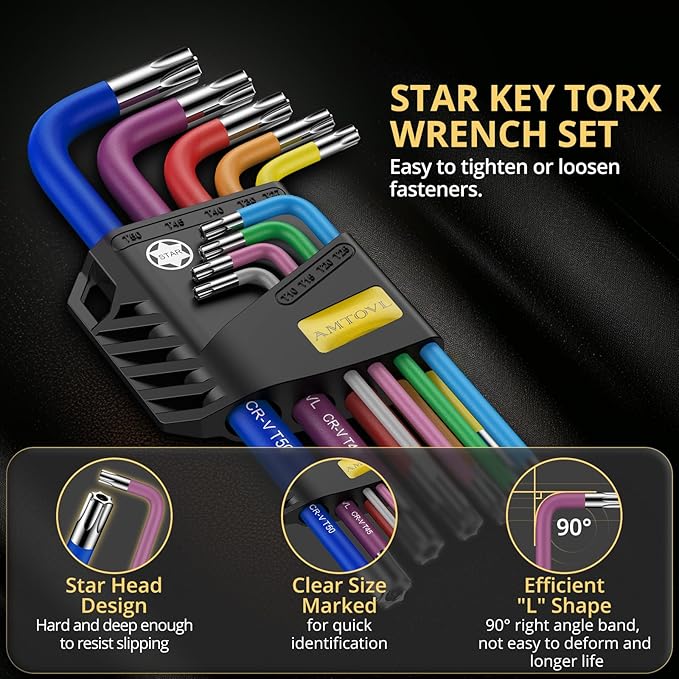 AMTOVL Star Allen Wrench Set, 9PCS Star Key Set, T10-T50, Long Arm Star Key Set, Color Coding TX Key Set for Vehicle, and Bicycle Repairs