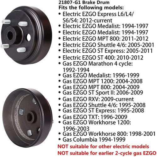 10L0L 21807G1 Golf Cart 1 Inch Large Hole 30 Teeth Spline Brake Drum Assembly for 4 Cycle Gas 1991-Up EZGO TXT, RXV, Marathon, Medalist, Columbia, OEM# 21807-G1, 41843-94 (2 Packs)