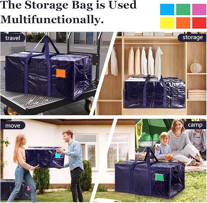 12 Pack Extra Large Heavy Duty Moving Bags with Reinforced Zipper & Wide Handles, Moisture-Resistant Storage Bins Packing Cubes for Clothes, College Dorm, Travel, and Home Organization, DarkBlue