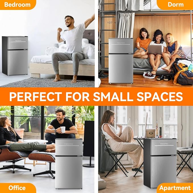 Mini Fridge with Freezer 3.2 Cu.Ft. 2 Door Refrigerator and Freezer Small Fridge for Bedroom Home Office Dorm, Small Drink Chiller, Adjustable Thermostat,37 dB Low Noise, Stainless Steel