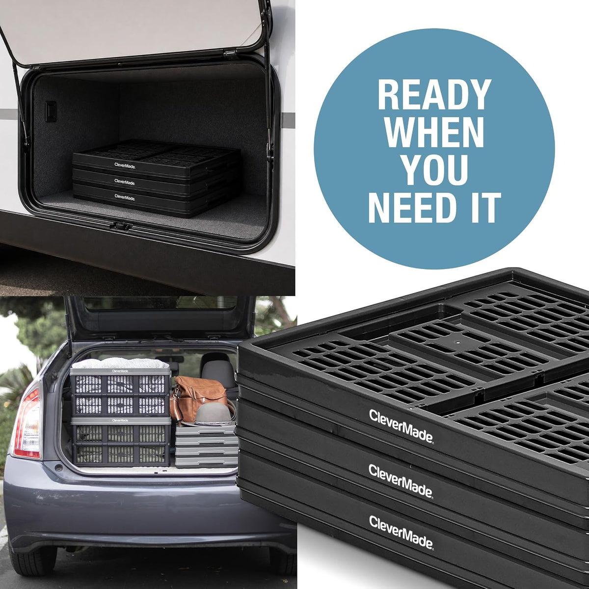 CleverMade Collapsible Utility Crate (Recycled) - 45L - Obsidian (3PK)