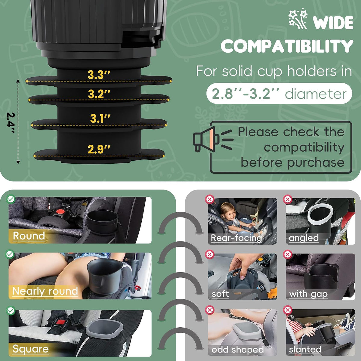 2 Pack Car Seat Tray for Kids Fits 2.8'-3.2'Cup Holders (2, Standard Base)