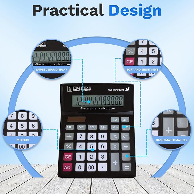 Empire Desk Calculator with Large Key Buttons, 12-Digit Large Eye-Angled Display