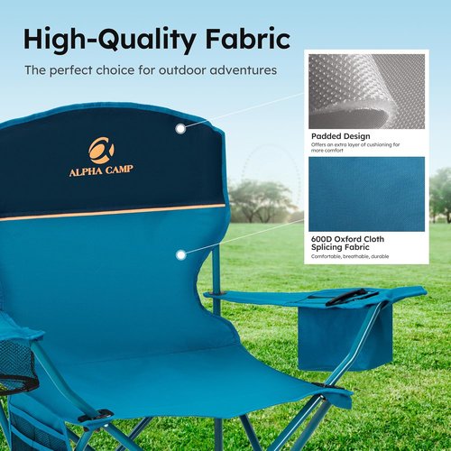 ALPHA CAMP Heavy-Duty Camping Chairs - 350LBS Capacity with Cooler Bag & Cup Holder | Portable Black 2PC Set