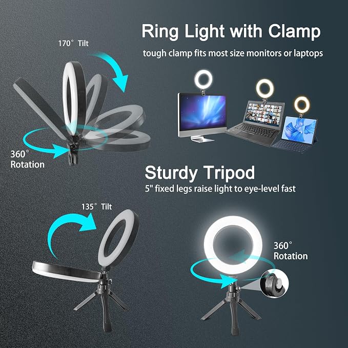 6" Ring Light Video Conference Kit, 5-Color 10-Brightness Clip-On Light