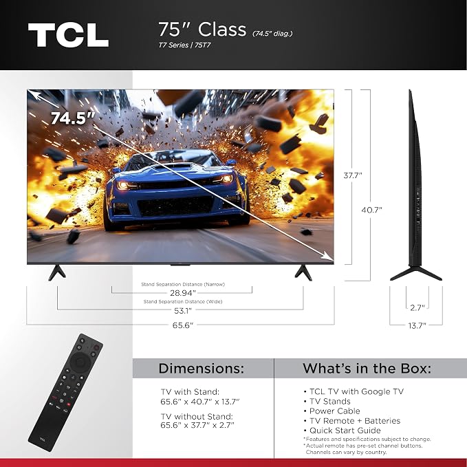TCL 75" T7 4K QLED Google TV with 144Hz Gaming (75T7) | Smooth Motion for Sports & Gaming