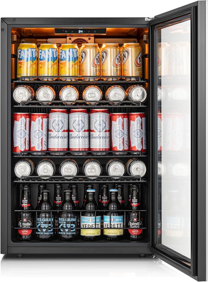 Ca'Lefort 155 Cans Mini Fridge, Beverage Refrigerator Cooler for Drink/Beer | 4.59 Cu.ft, Low-noise, Reversible Glass Door, 3-Color LED Lighting, Adjustable Shelves, 34℉ to 54℉ | Home Dorm Office Kitchen