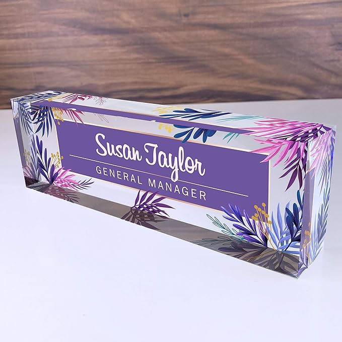 Artblox Office Desk Name Plate Personalized | Custom Name Plates for Desks | Purple Leaf Design On Clear Acrylic Glass | Office Desk Decor - (8" x 2.5")
