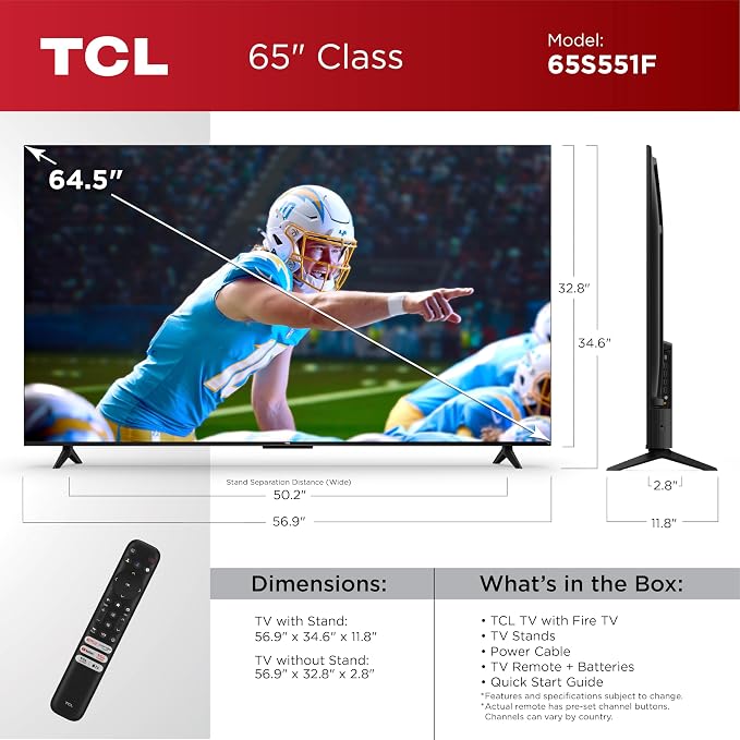 TCL 65-Inch Class S5 UHD 4K LED Smart TV with Fire TV (65S551F, 2024), Dolby Vision, HDR PRO+, Atmos, Alexa Built-in, Apple AirPlay 2, Streaming Television