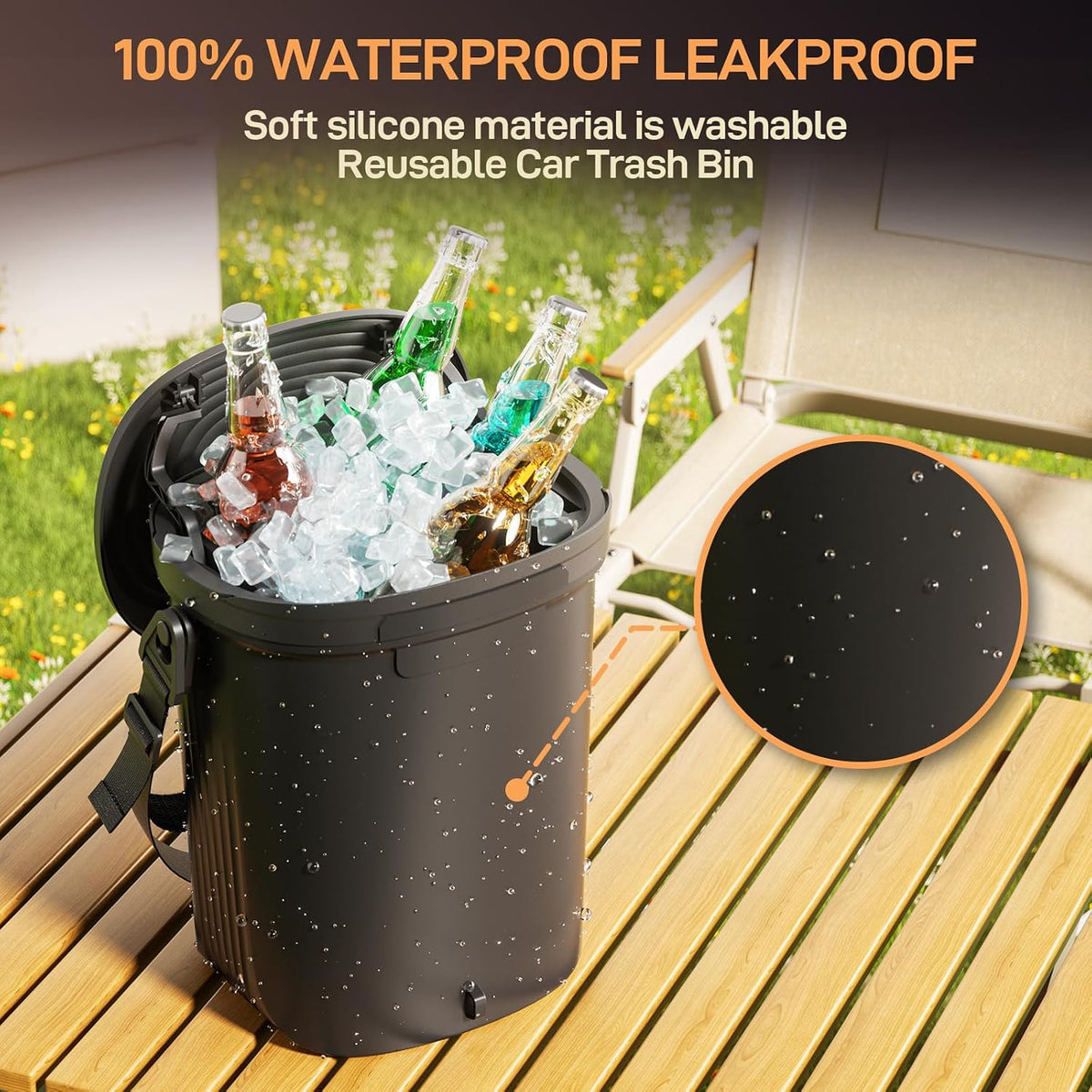 Waretary Car Trash Can with Lid, Leakproof Silicone, 2 Gallon, Black
