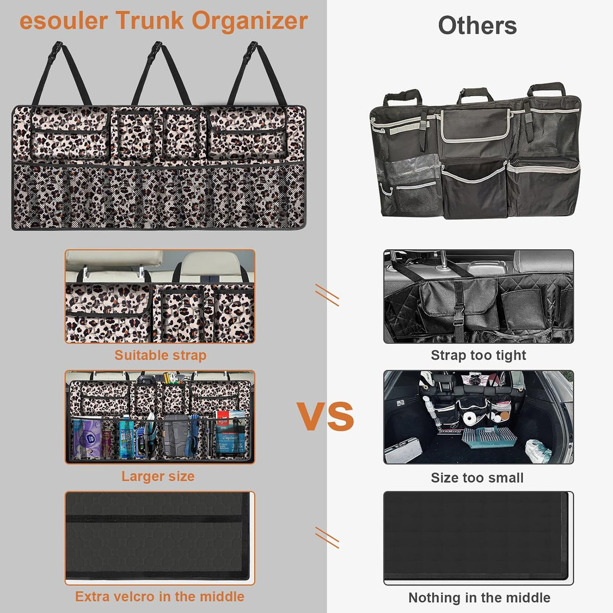 Car Trunk Organizer, Super Capacity Backseat Car Organizer for SUV/Truck/MPV, Hanging Car Storage Organizer with 8 Pocekts, Car Accessories for Women and Men- Leopard print