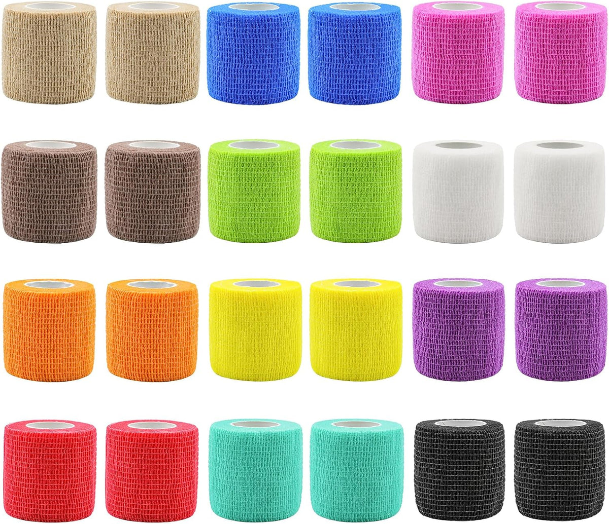 Self Adhesive Bandage Wraps - 24 Pack | 2" X 5 Yards Breathable Elastic Vet Wraps in 12 Colors