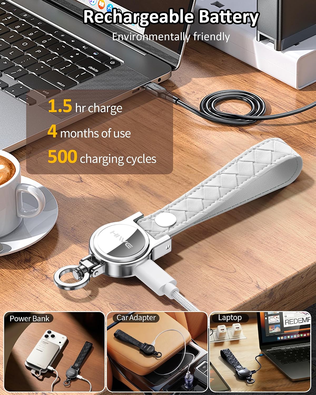 HiWe Anti-Lost Keychain, Works with Apple Find My, Carabiner Car Key Holder with Texture Leather Strap, Bluetooth Key Finder Tracker, USB-C Rechargeable, White
