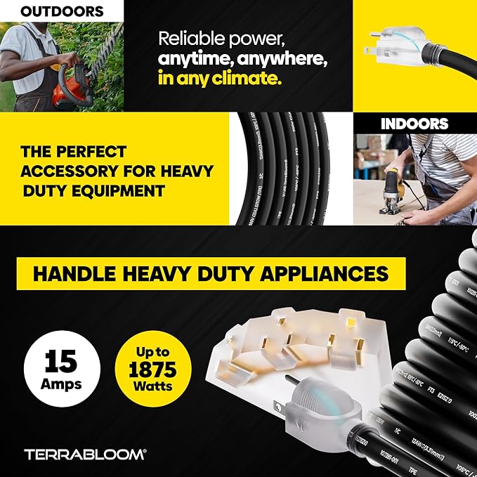 TerraBloom 12/3 Heavy Duty Extension Cord 100 FT Outdoor - Black Outdoor Extension Cord Multiple Outlet - Ultra-Flexible SJEOW Rubber, Light Indicator, Triple Outlet for Maximum Efficiency - 15 Amp