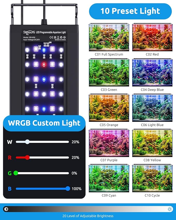 SEAOURA Aquarium LED Light with Thermometer, 48-54in Full Spectrum Lights for Fish Tank, 24/7 Programmable with Power Off Memory, WRGB Custom, 20 Level Dimmable Brightness for Freshwater Aquariums
