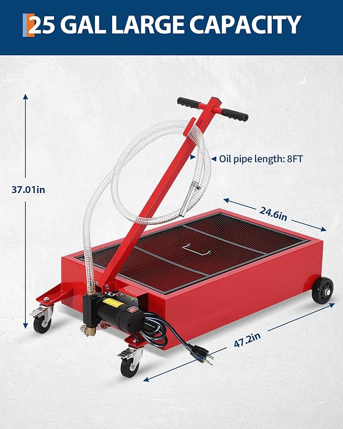 GarveeTech Low Profile Oil Drain Pan 110V, 25 gal Metal Oil Change Pan Large Capacity with 180W Electric Pump, 8 ft Hose & Folding Handle for Cars, SUVs, Trucks, Buses, RVs, Red