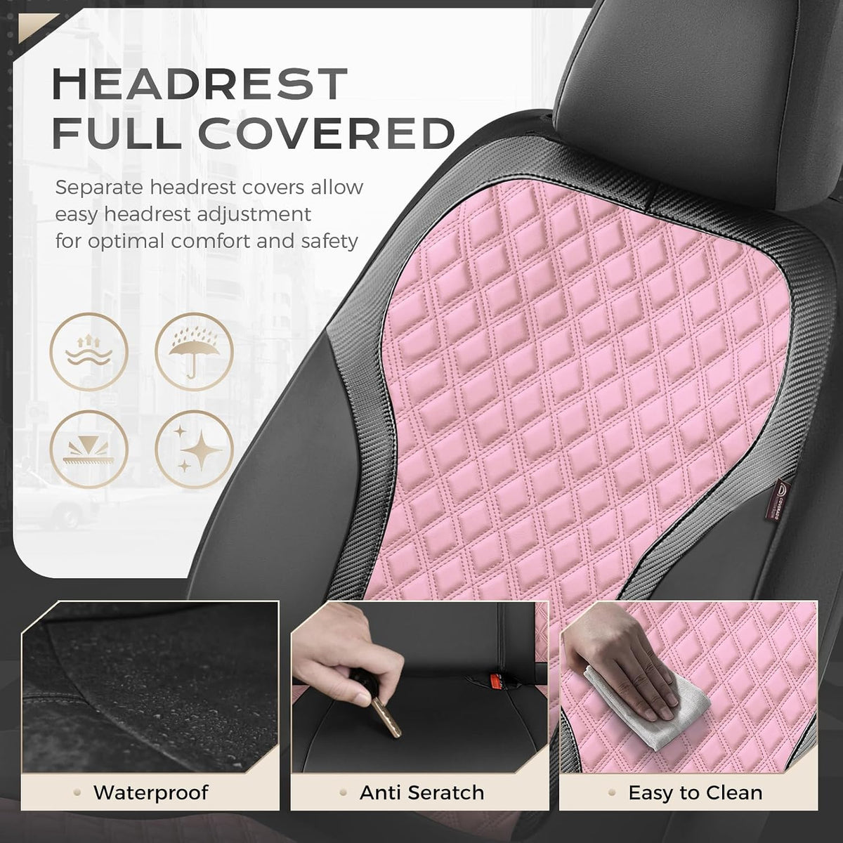 Coverado Car Seat Cover, Leather Seat Covers Full Set, Durable Waterproof Car Seat Protectors, Black and Pink Seat Cover, Spill-Proof Automotive Seat Covers Universal Fit for Most Cars Trucks