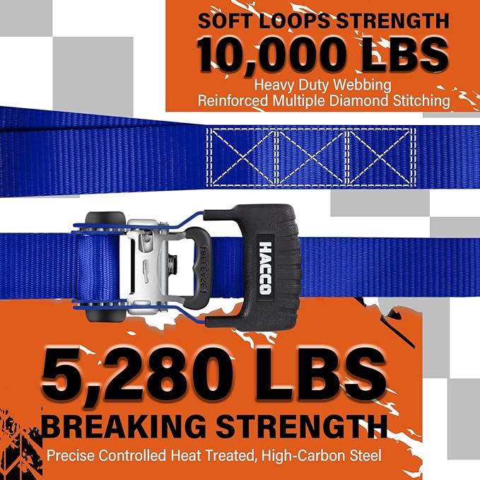 HACCOPLANET Ratchet Straps, 5280lb Break Strengeth, 16FT x 1.6" Heavy Duty Ratchet Tie Down Strap Set w/Padded Handle, S Hook, Soft Loop for UTV Motorcycle Truck Cargo Straps (Blue, 16FT)