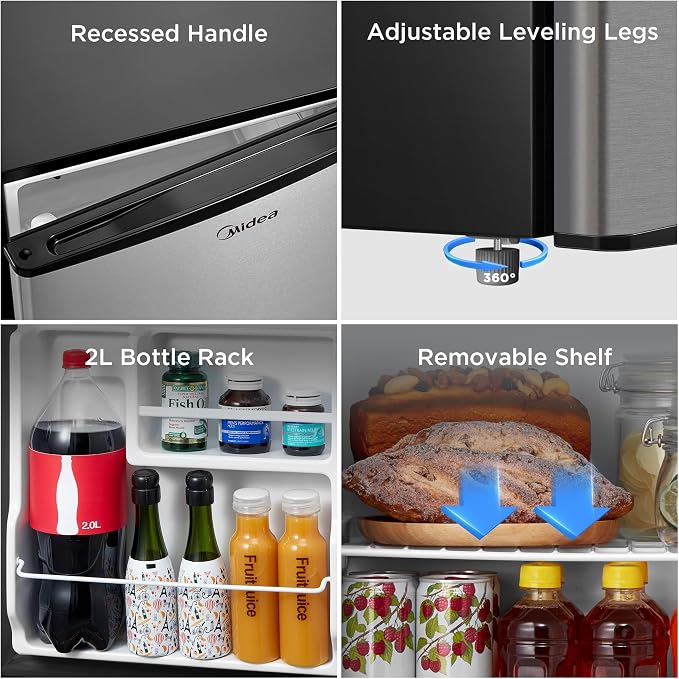 Midea 1.7 Cu.ft Mini Fridge, Energy Star Certified, Low Noise for Bedroom | Adjustable Thermostat, Reversible Door,Ideal for Dorm, Office,Steel Gray