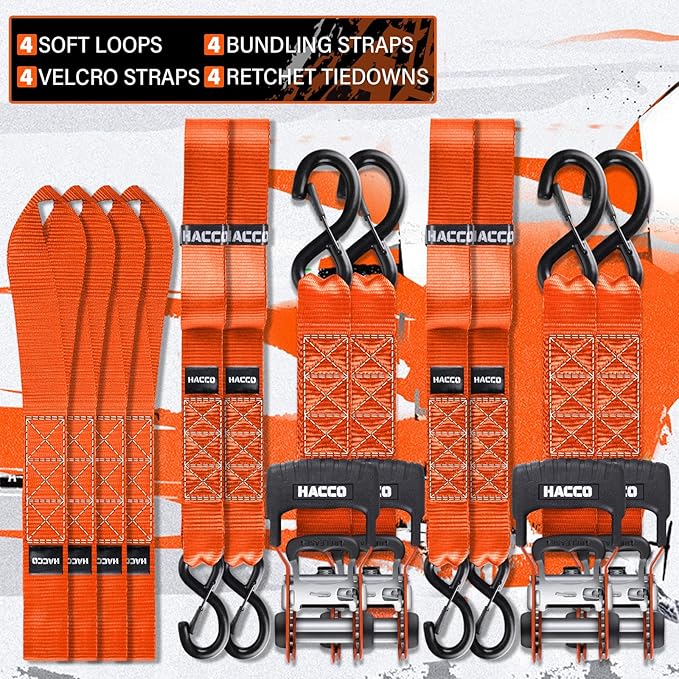 HACCOPLANET Ratchet Straps, 5280lb Break Strengeth, 1.6" Heavy Duty Ratchet Tie Down Strap Set w/Padded Handle, S Hook, Soft Loop for UTV Motorcycle Truck Cargo Straps (Orange, 8FT)