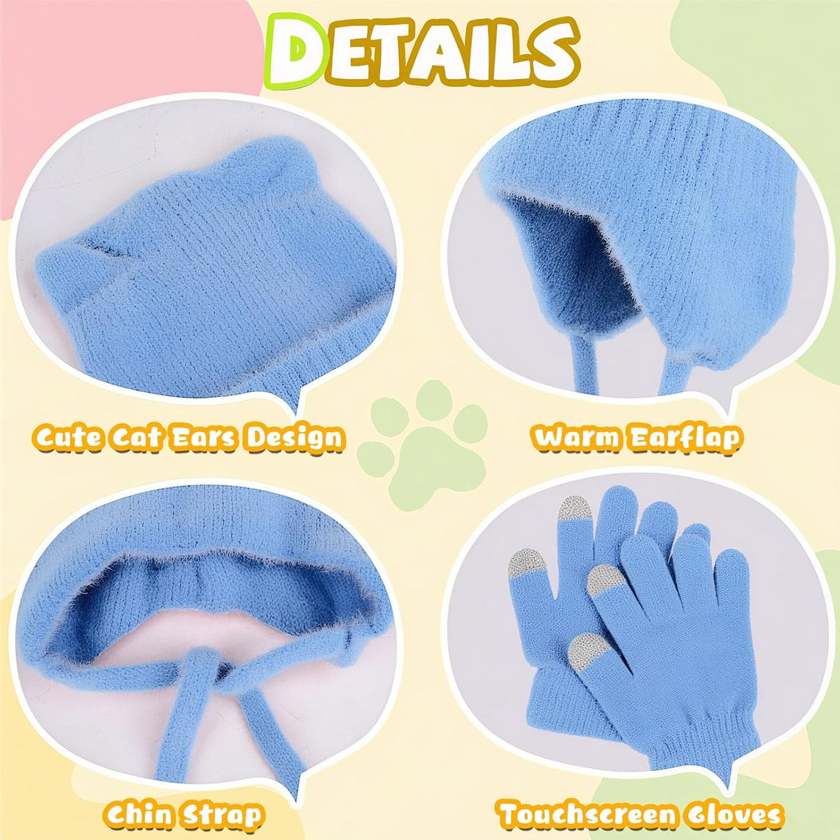 ZOORON Kids Winter Hat and Glove Set - Cat Beanie with Warm Ear Flaps | Knit Skull Cap for Ages 5-15