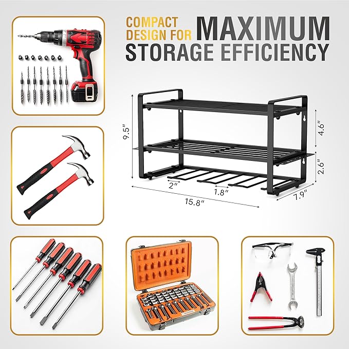 Power Tool Organizer Wall Mount - Garage Wall Tool Organizer with Drill Holder, Tool Storage Organizer, Heavy Duty Metal Shelf, Wall Mount Organizer for Garage & Workshop