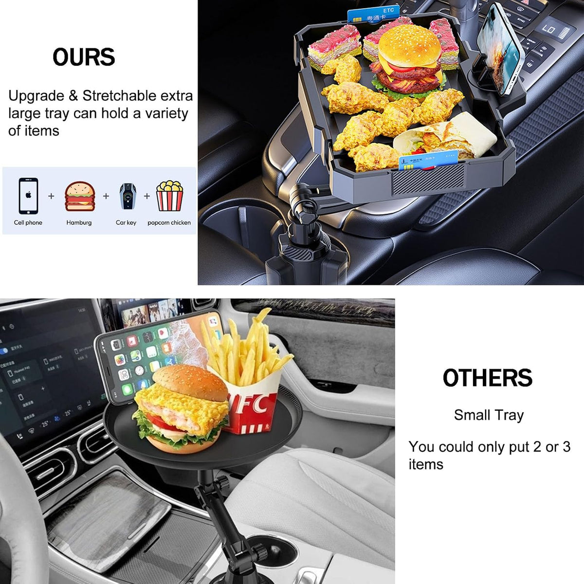 7.9-9.8in Expandable Car Cup Tray, 360 Rotating w/Phone Holder for RV Truck