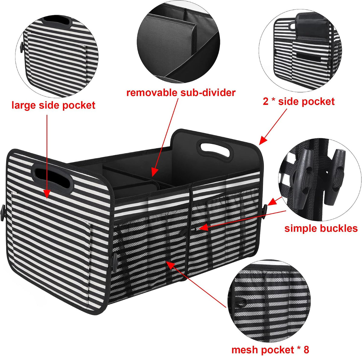 Femuar Car Trunk Organizer,Car Storage Organizer with 72L Large Capacity Waterproof Collapsible and 11 Pockets,Trunk Organizer for Car Suv/Jeep/Sedan, Large Size, Stripe