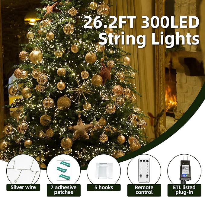 Dailyart Fairy Lights Plug in, 300 Led Warm Twinkle Fairy Lights with Remote Timer 26Ft 8 Modes Cluster Lights for Bedroom Garland Wreath Party Window Wedding Christmas Tree Decoration Green Wire