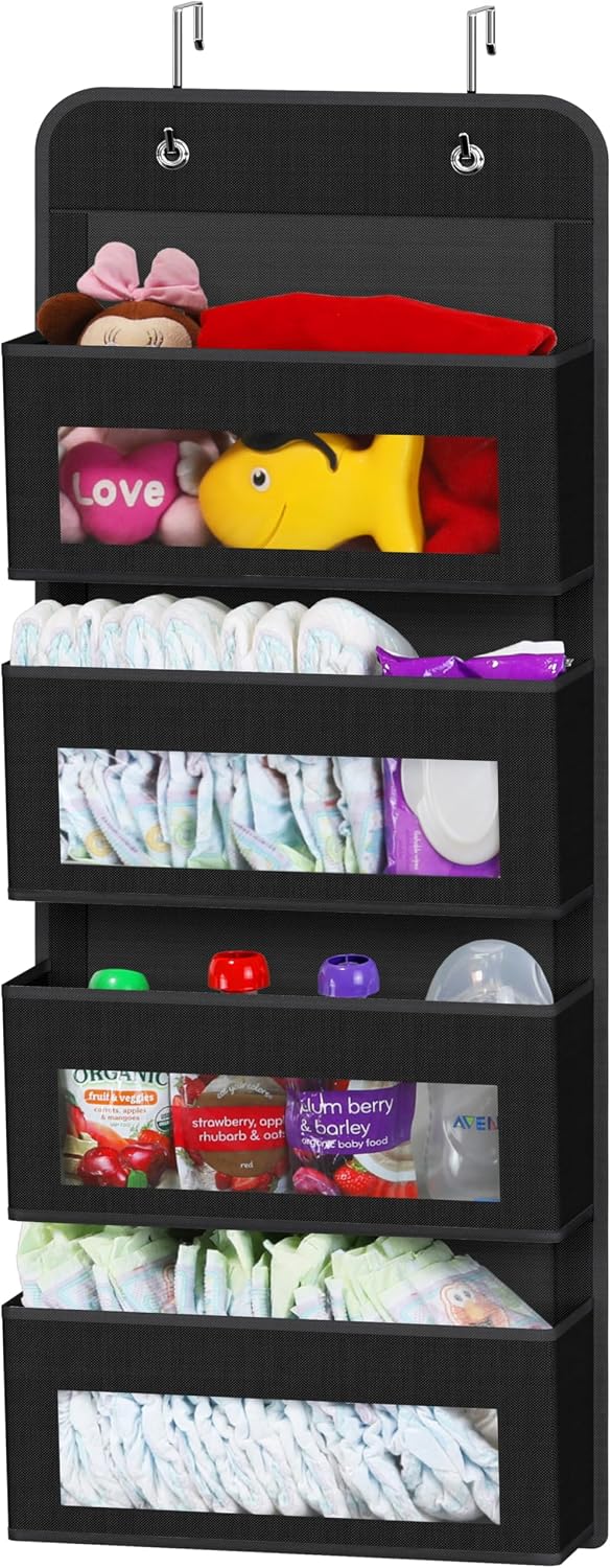 Simple Houseware 4 Clear Window Pocket Over Closet Door Storage Hanging Organizer for Bedroom, Bathroom, Pantry, Black