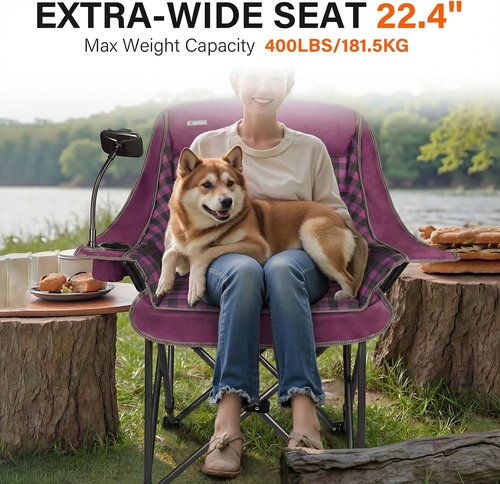 Heavy Duty Oversized Camping Chair by [Brand Name] - Extra Large Folding Padded Chair in Purple Plaid for Outdoor Comfort