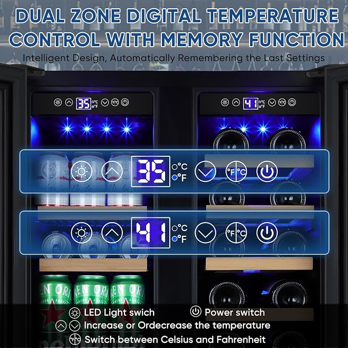 Wine and Beverage Refrigerator 24", Dual Zone Wine & Beverage Cooler with Glass Door and French Door, Built-In/Freestanding Wine and Beer Fridge Holds 21 Bottles & 88 Cans for Home/Bar - Black