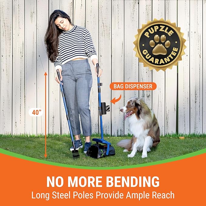 Dog Pooper Scooper with Bag Attachment, 40" Long Handle Pooper Scooper for Large Dogs, Dog Poop Scoop for Yard, Large Capacity Swivel Bin and Rake, Lavender Scented Bags (Blue)