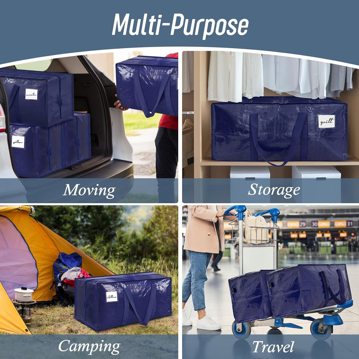 12 Pack Extra Heavy Duty Large Moving Bags with Strong Zipper, Dark Blue