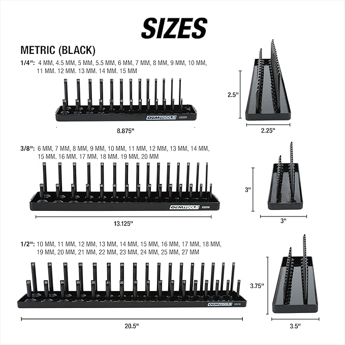 OEMTOOLS 22418 Socket Organizer Set, 6-Piece Holder Set Includes 1/4", 3/8", 1/2" Drive Metric SAE Socket Trays, Tool Box Organizer, Christmas Gift for Men(Sockets not Included)