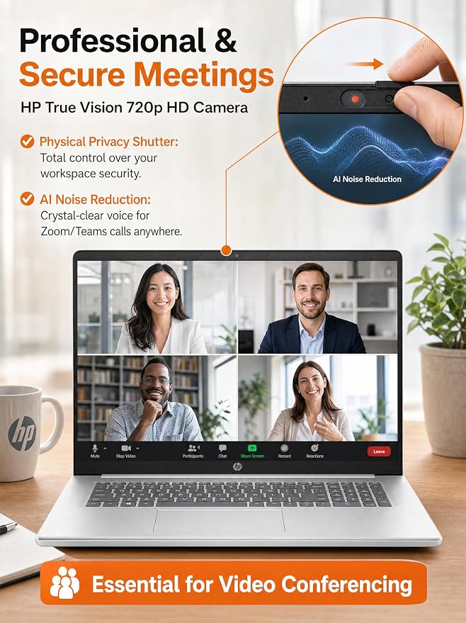 HP 17 Inch Touchscreen Laptop Ryzen 5 7430U 16GB RAM 1TB SSD Windows 11 Pro | 17.3 HD+ Touchscreen, Wi-Fi 6 Networking, Backlit Keyboard, Privacy Shutter, Fast Charging, Silver Thin Design