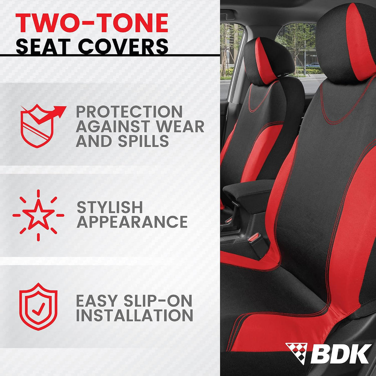 BDK Red Car Seat Covers Full Set - Universal Fit Matching Set Seat Covers for Trucks & Car Seat Protector for SUV - Front Seats, Rear Back Bench, & Headrest Seat Covers for Cars Interior Covers