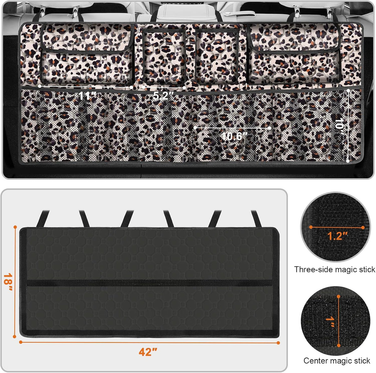 Car Trunk Organizer, Super Capacity Backseat Car Organizer for SUV/Truck/MPV, Hanging Car Storage Organizer with 8 Pocekts, Car Accessories for Women and Men- Leopard print