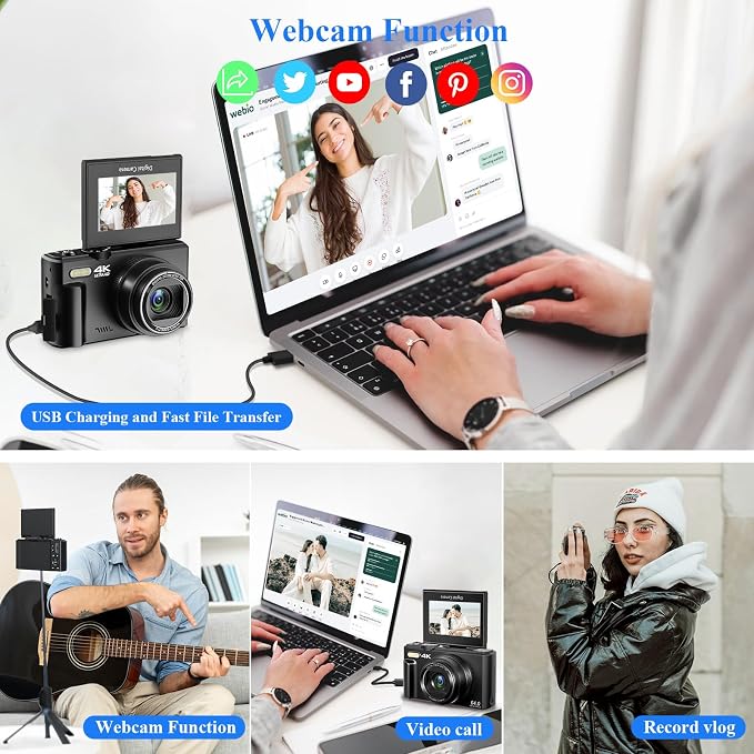 4K Digital Camera for Photography, 64MP Vlogging Camera for YouTube, WiFi Vlog