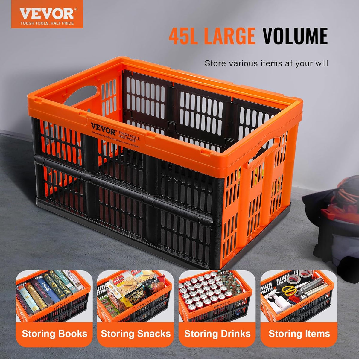 VEVOR 45L Plastic Collapsible Storage Basket 3 Packs, Folding Storage Crate