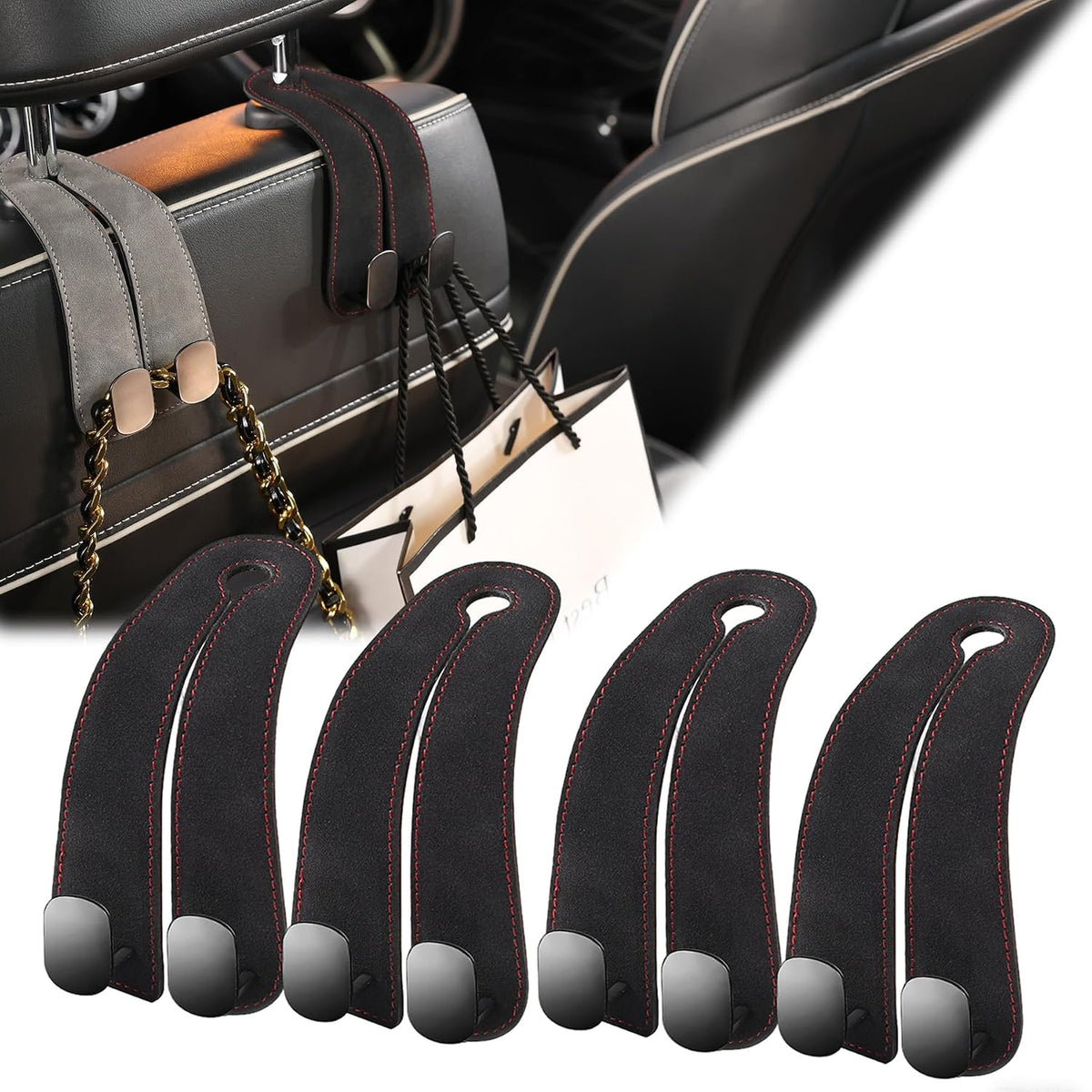 WEIHAO Purse Hook for Car Headrest, Suede Car Seat Back Storage Hook, Aluminum Twin Hooks Leather Car Headrest Hangers, Bag Holder for Sedan, Trucks, SUVs, Most Vehicles (Black-2PCS)