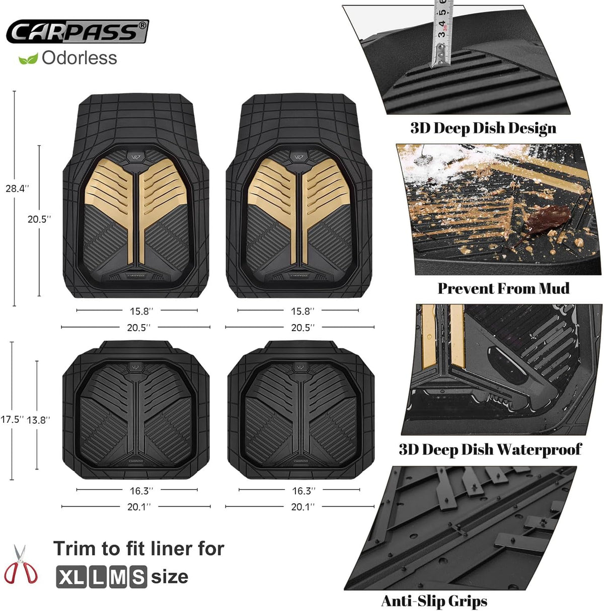 CAR PASS Heavy Duty Rubber Car Mats, Deep Dish Car Floor Mats All Weather, Car Mats Full Set 4-Piece Trim to Fit for Sedans SUVs Trucks, Waterproof Anti-Slip Automotive Mats, V12 Black Champagne Gold