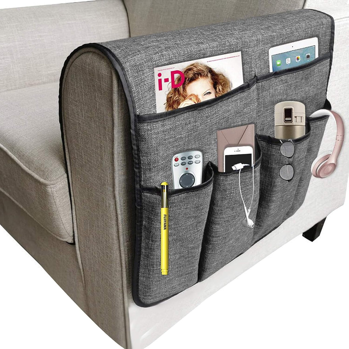 IPENNY Cotton Linen Sofa Couch Remote Control Holder Chair Armrest Caddy Pocket Organizer Storage Bag for Cellphone Tablet Notepad Book Magazines DVD Eyewears Drinker Snacks Holder Pouch